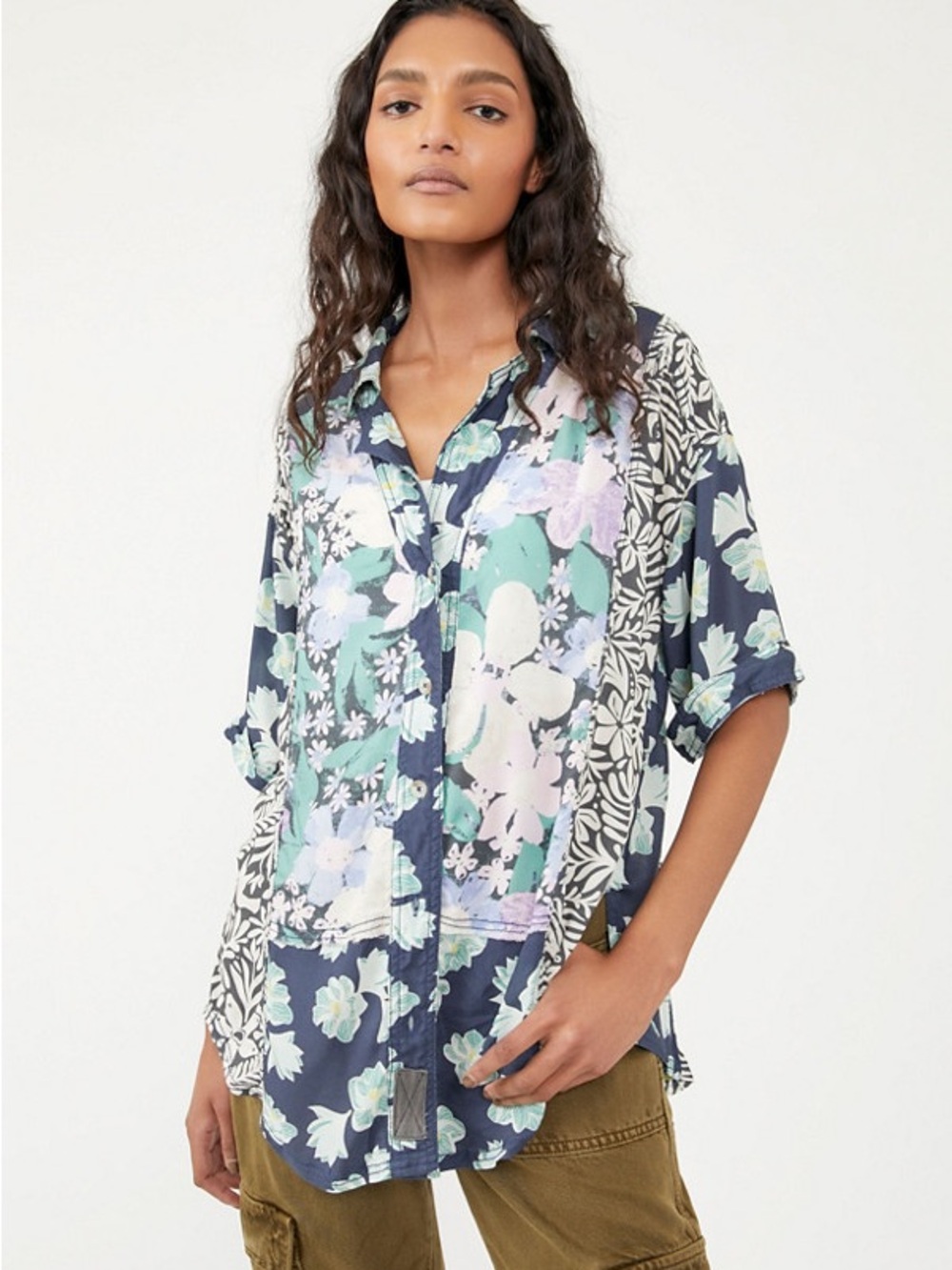 We The Free Multi-Color Floral Patchwork Button-Down Shirt